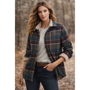 Rustic Ridge Sherpa Lined Flannel Shirt‎ Womens L Blue Plaid Cozy Button Shacket